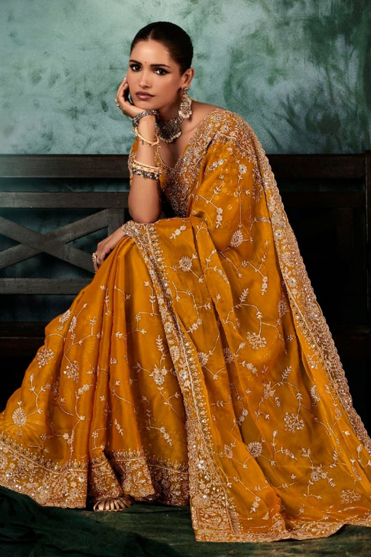 Yellow Organza Saree with Sequin Embroidery Work - yellow organza saree embroidery