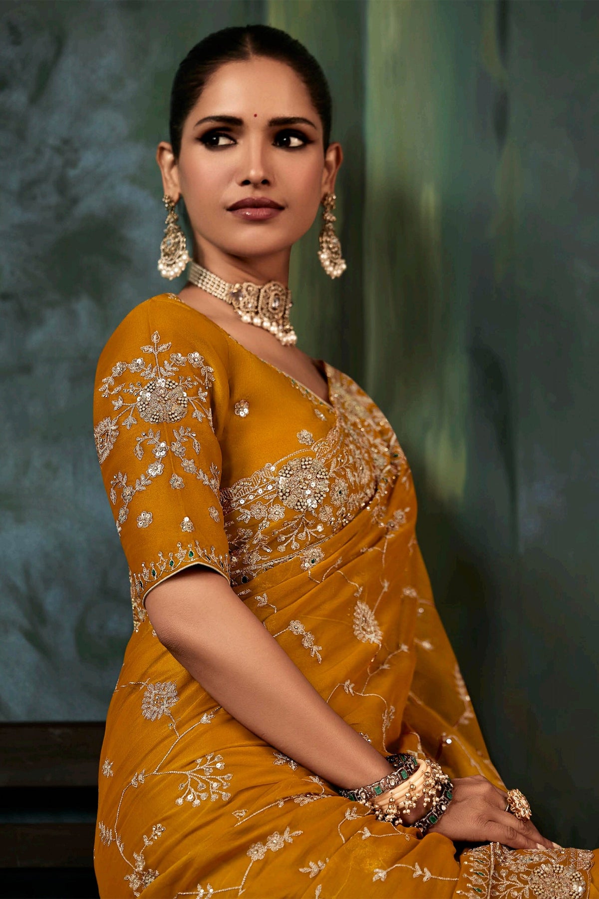 Yellow Organza Saree with Sequin Embroidery Work - yellow organza saree embroidery