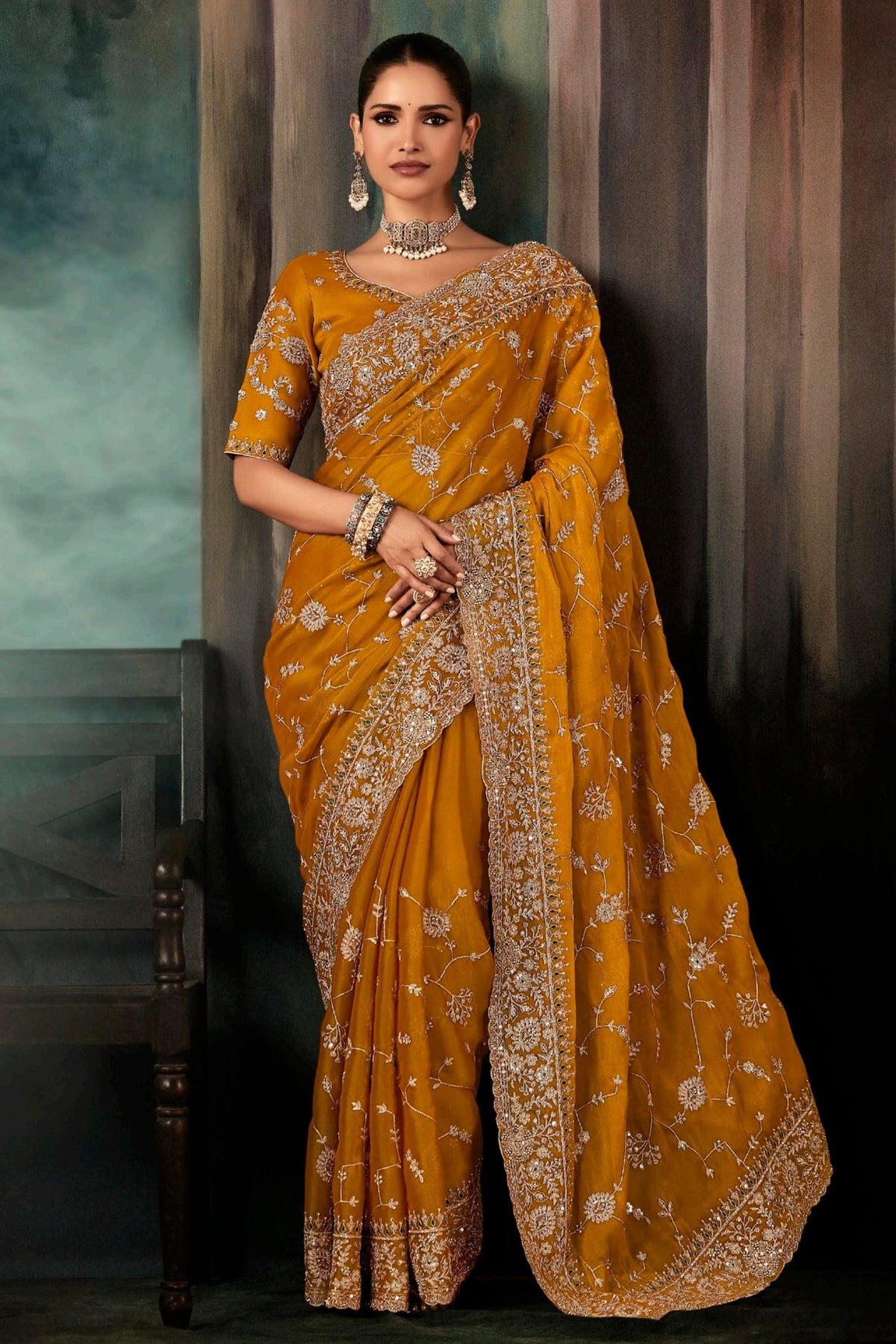 Yellow Organza Saree with Sequin Embroidery Work - yellow organza saree embroidery
