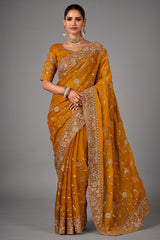 Yellow Organza Saree with Sequin Embroidery Work - yellow organza saree embroidery
