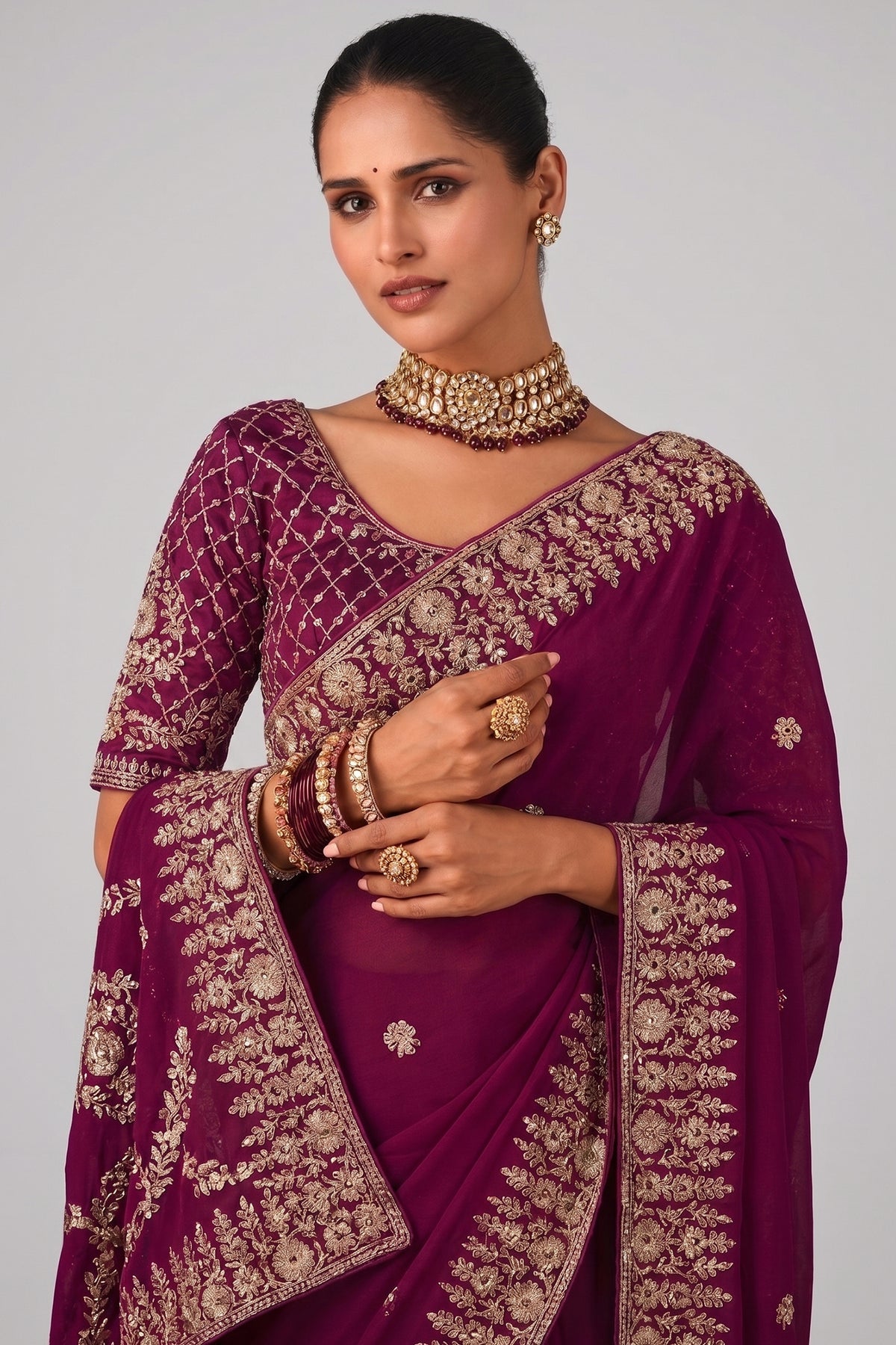 Purple Organza Saree with Embroidery - purple organza saree embroidery