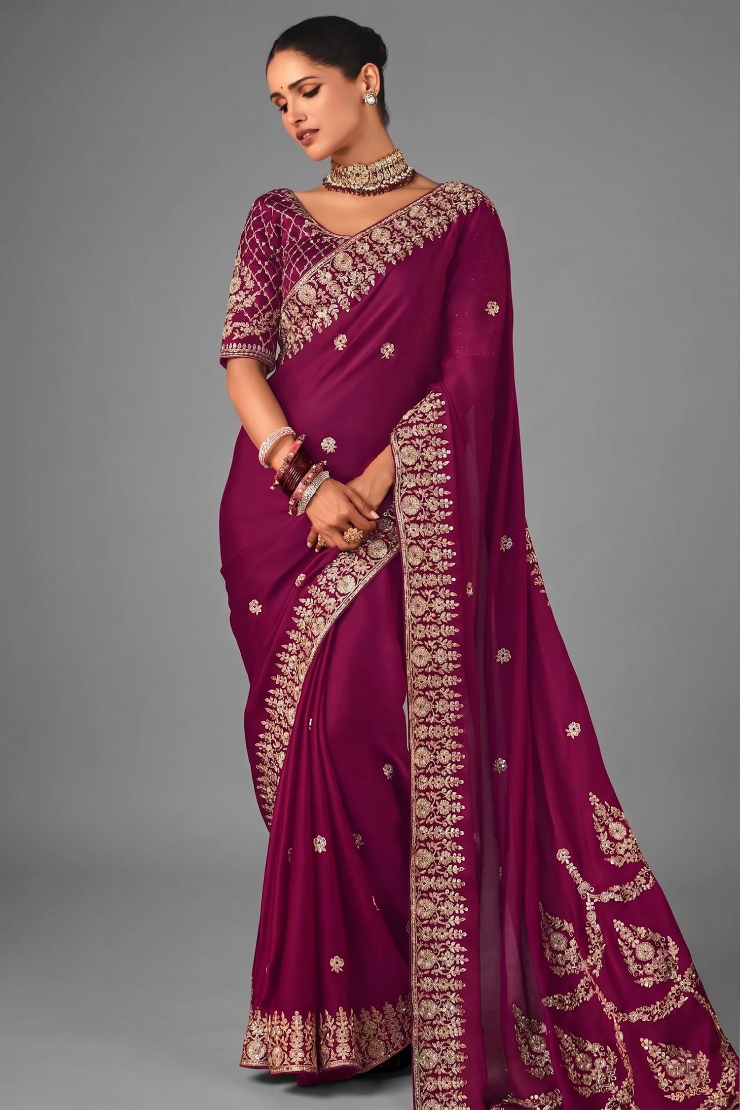 Purple Organza Saree with Embroidery - purple organza saree embroidery Main image