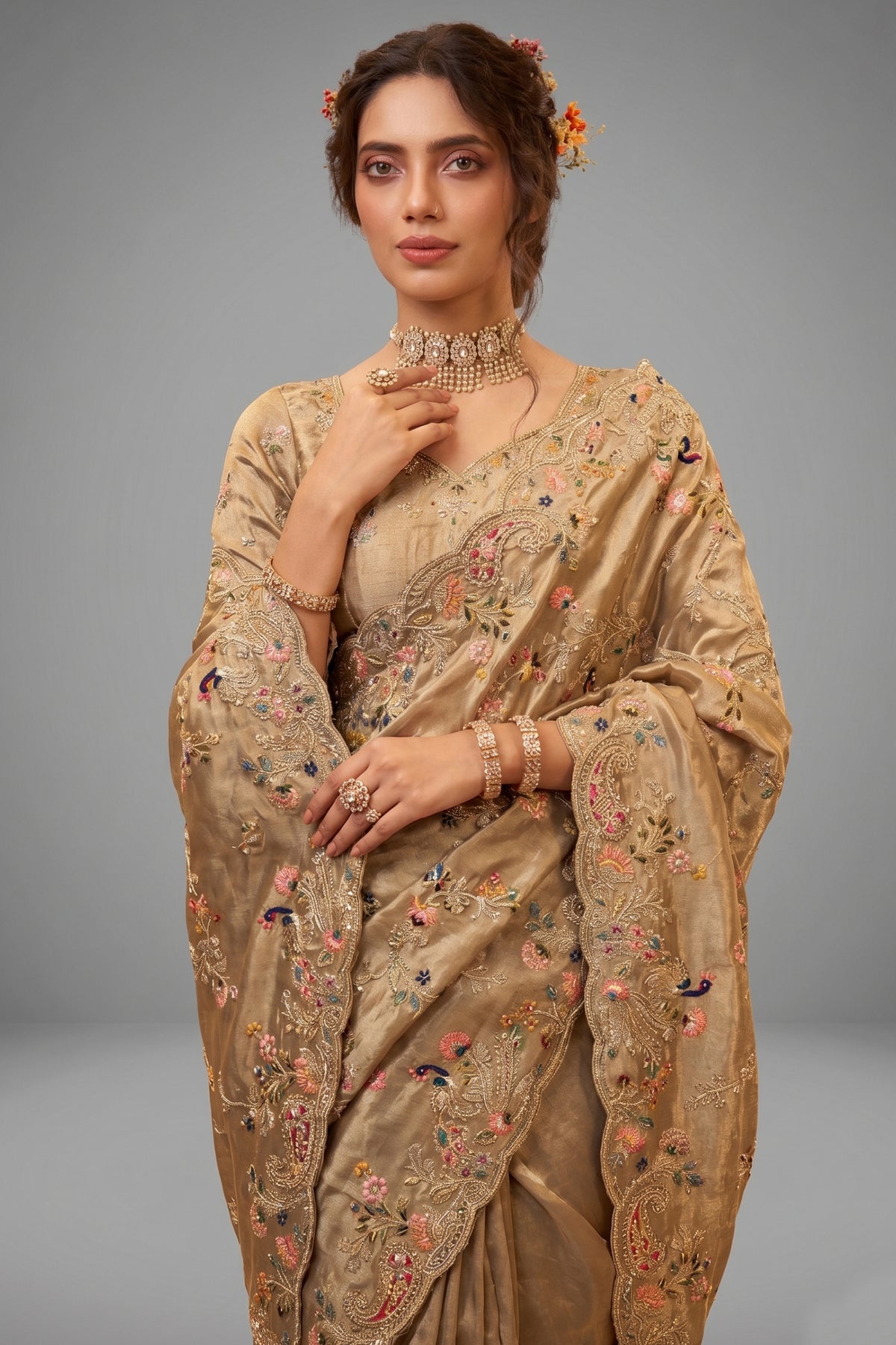 Beige Viscose Silk Embroidered Saree - red silk saree embroidered