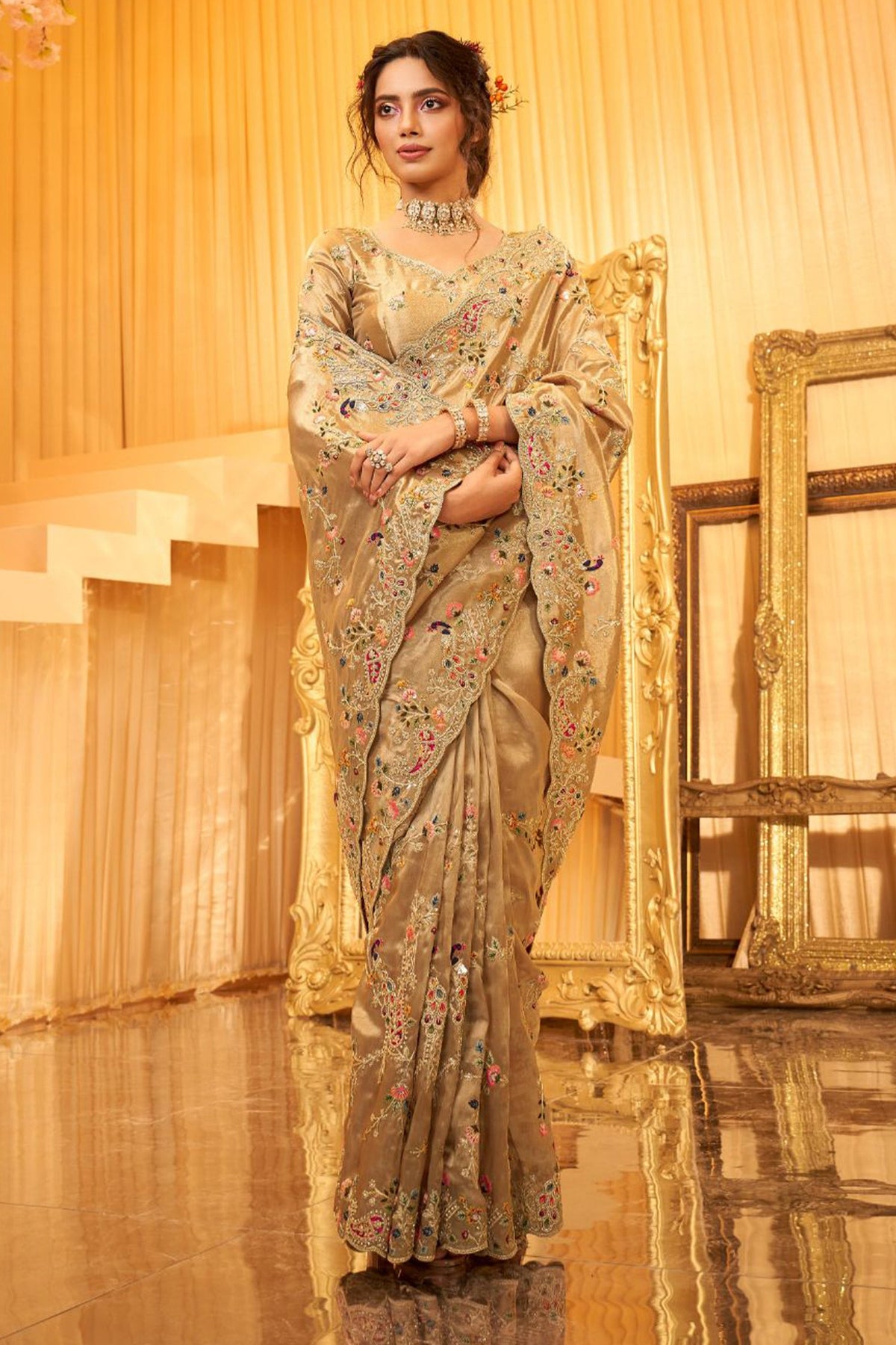 Beige Viscose Silk Embroidered Saree - red silk saree embroidered