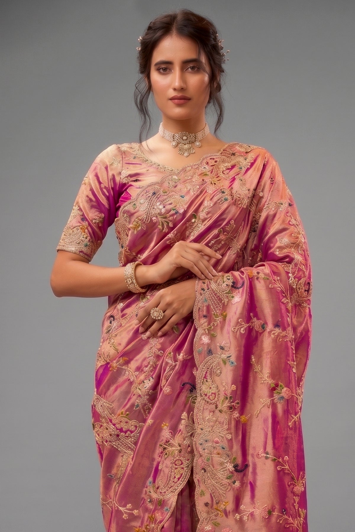 Dark Pink Viscose Silk Embroidered Saree - red silk saree embroidered
