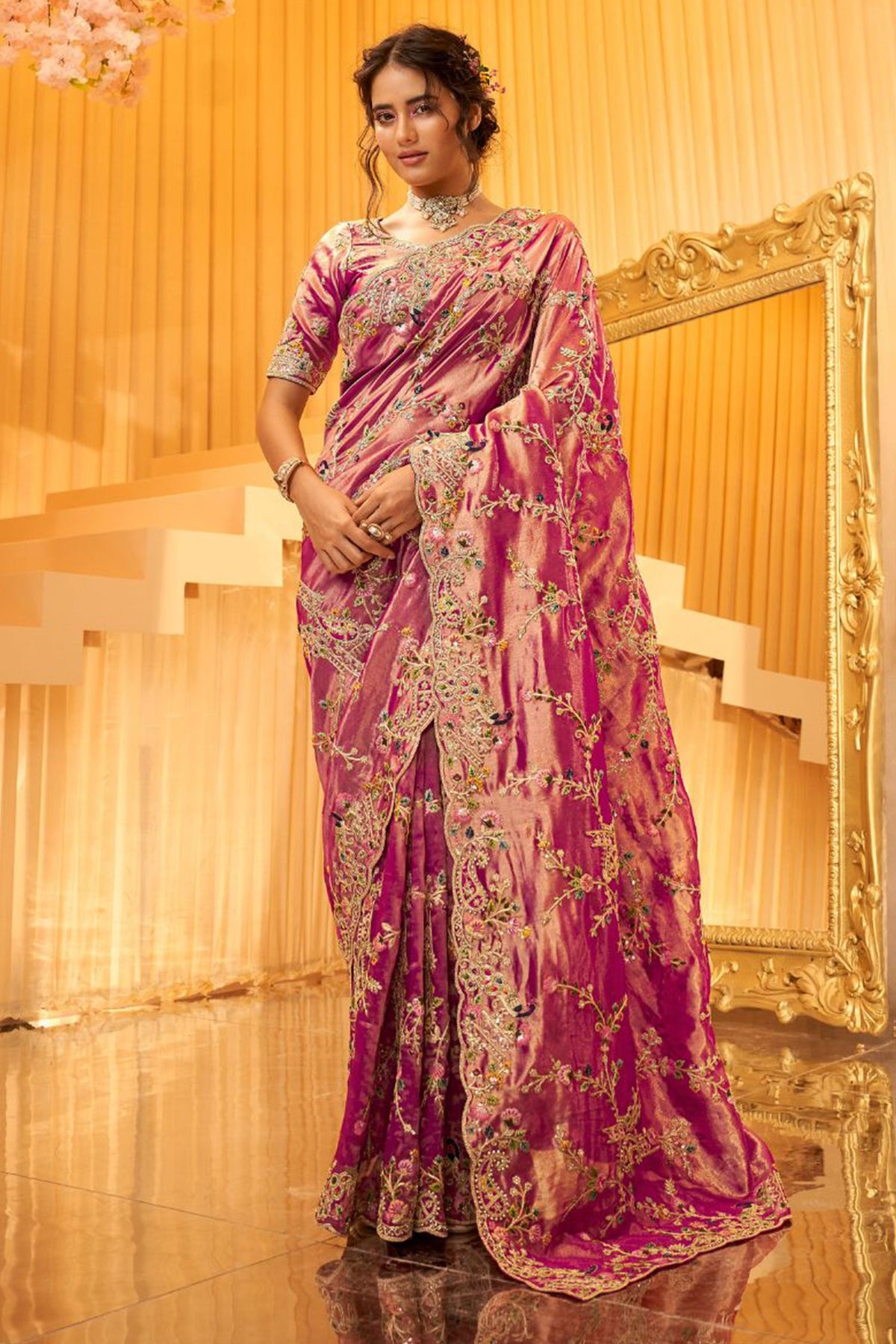 Dark Pink Viscose Silk Embroidered Saree - red silk saree embroidered
