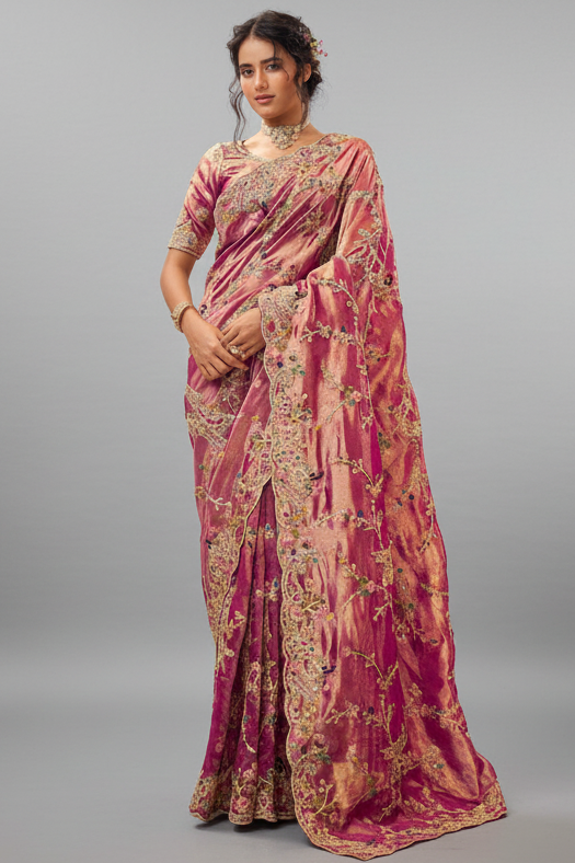 Dark Pink Viscose Silk Embroidered Saree