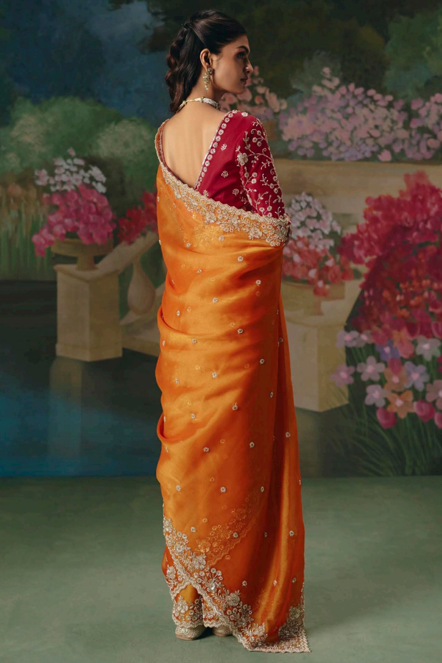 Orange Organza Sequin Cutdana Worked Saree - orange organza saree