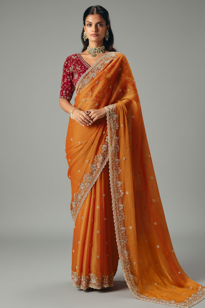 Orange Organza Sequin Cutdana Worked Saree - orange organza saree Main image