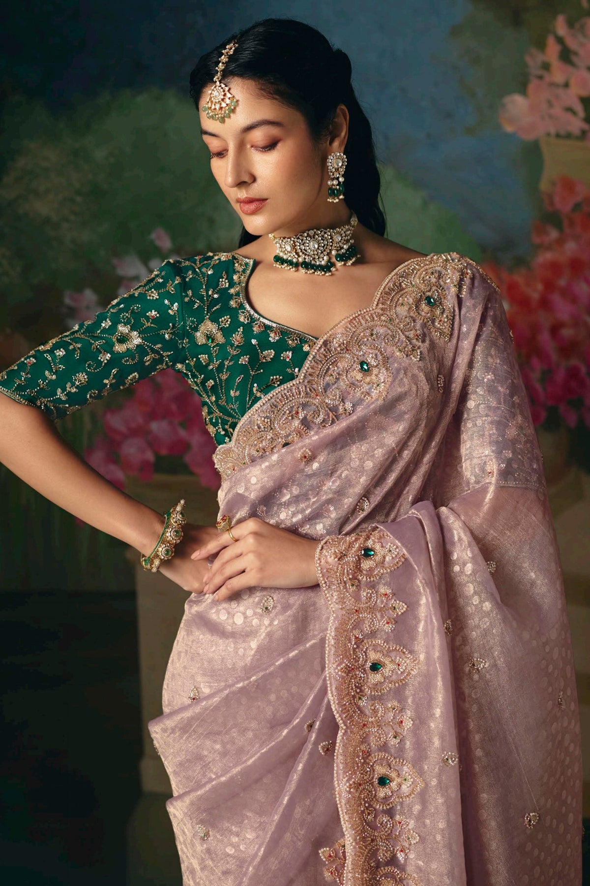 Light Mauve Organza Scallop Border Saree with Sequin Cutdana Work - organza saree