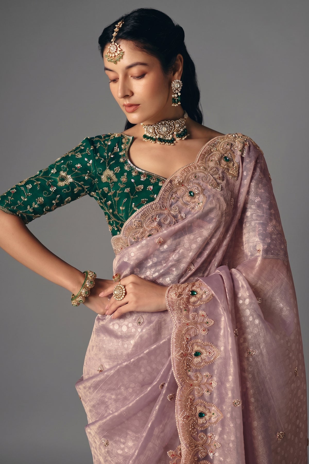 Light Mauve Organza Scallop Border Saree with Sequin Cutdana Work - organza saree