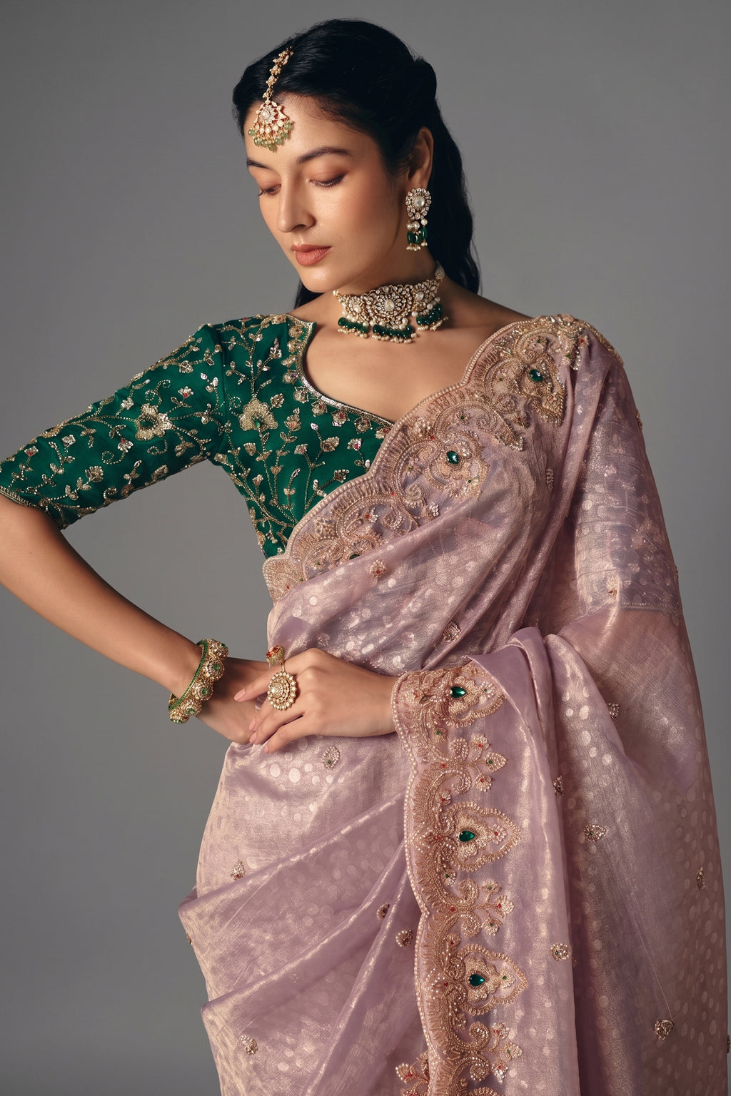 Light Mauve Organza Scallop Border Saree with Sequin Cutdana Work - organza saree