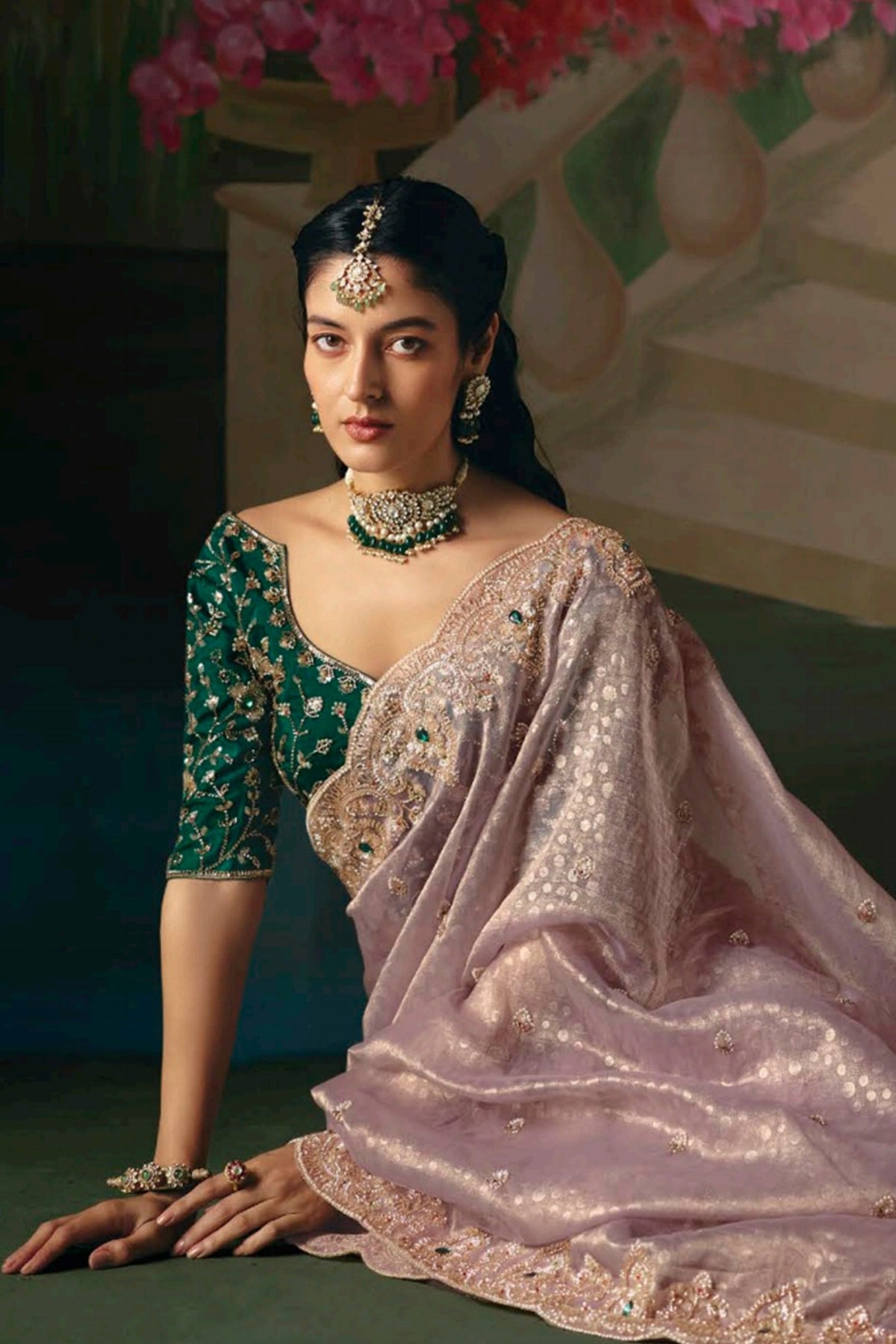 Light Mauve Organza Scallop Border Saree with Sequin Cutdana Work - organza saree
