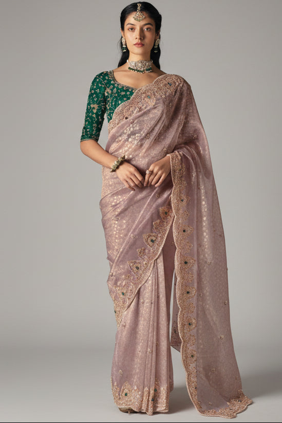 Light Mauve Organza Scallop Border Saree with Sequin Cutdana Work - organza saree