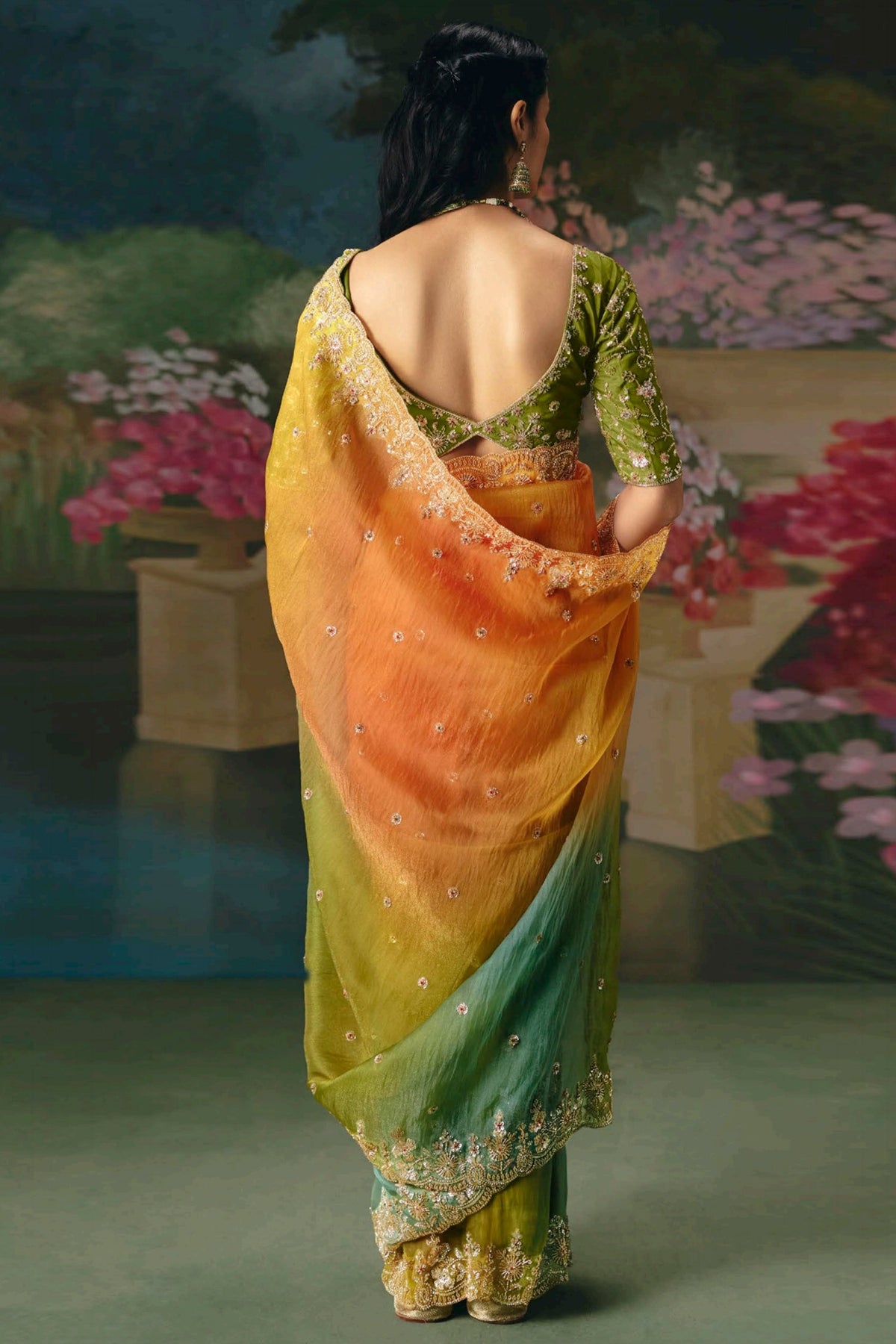 Multi Colored Organza Saree with Sequin Cutdana Work - red organza saree