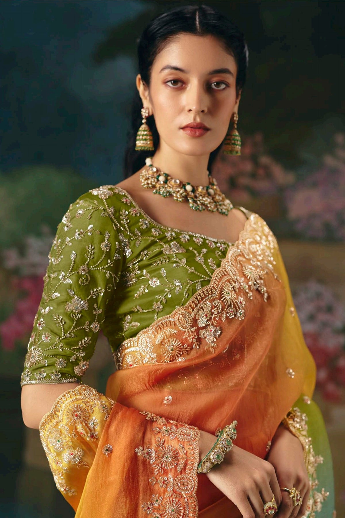 Multi Colored Organza Saree with Sequin Cutdana Work - red organza saree