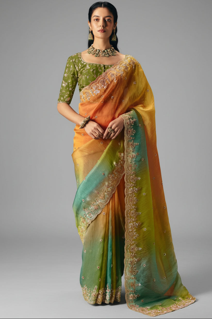 Multi Colored Organza Saree with Sequin Cutdana Work - red organza saree Main image
