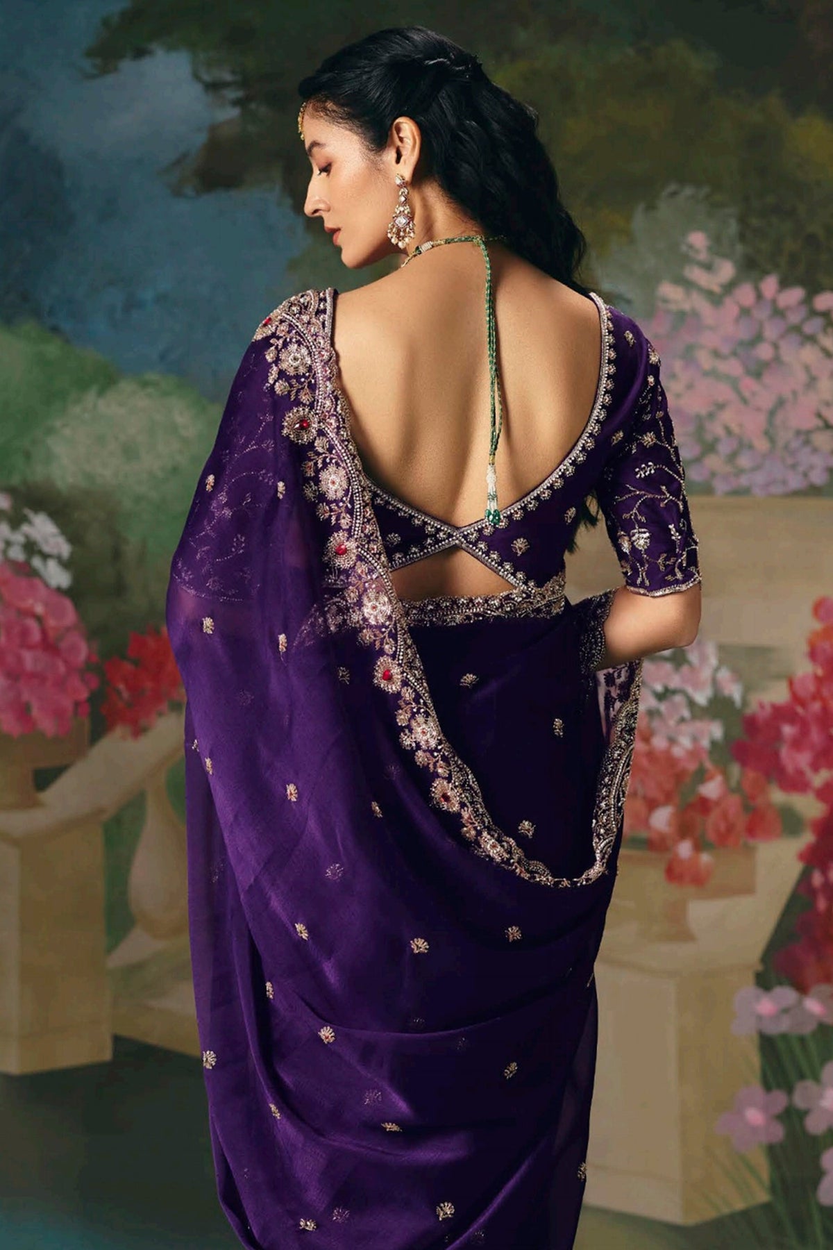 Purple Organza Scallop Border Sequin and Cutdana Worked Saree - purple organza saree