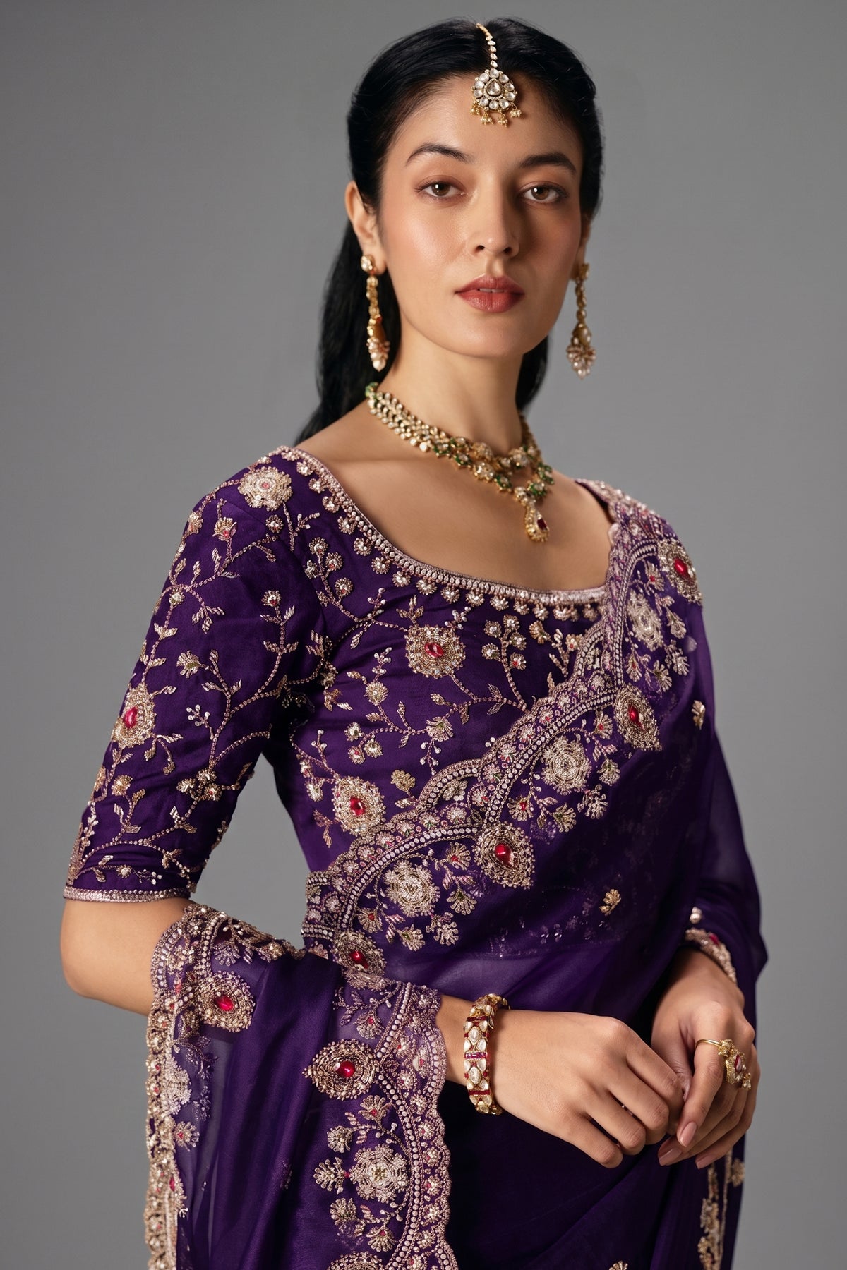 Purple Organza Scallop Border Sequin and Cutdana Worked Saree - purple organza saree
