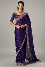 Purple Organza Scallop Border Sequin and Cutdana Worked Saree - purple organza saree