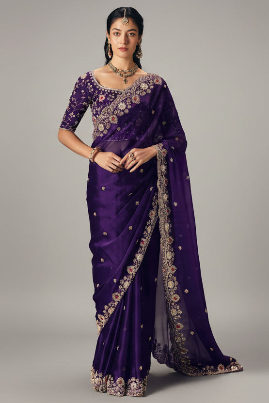 Purple Organza Scallop Border Sequin and Cutdana Worked Saree - purple organza saree