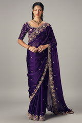 Purple Organza Scallop Border Sequin and Cutdana Worked Saree