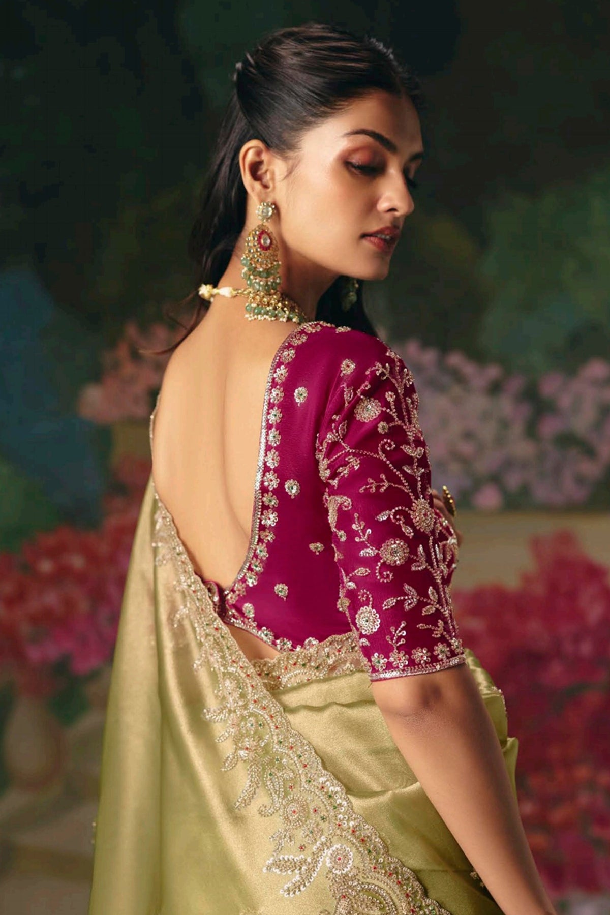Olive Green Orgazna Sequin Cutadna Worked Saree - green saree