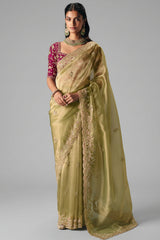 Olive Green Orgazna Sequin Cutadna Worked Saree