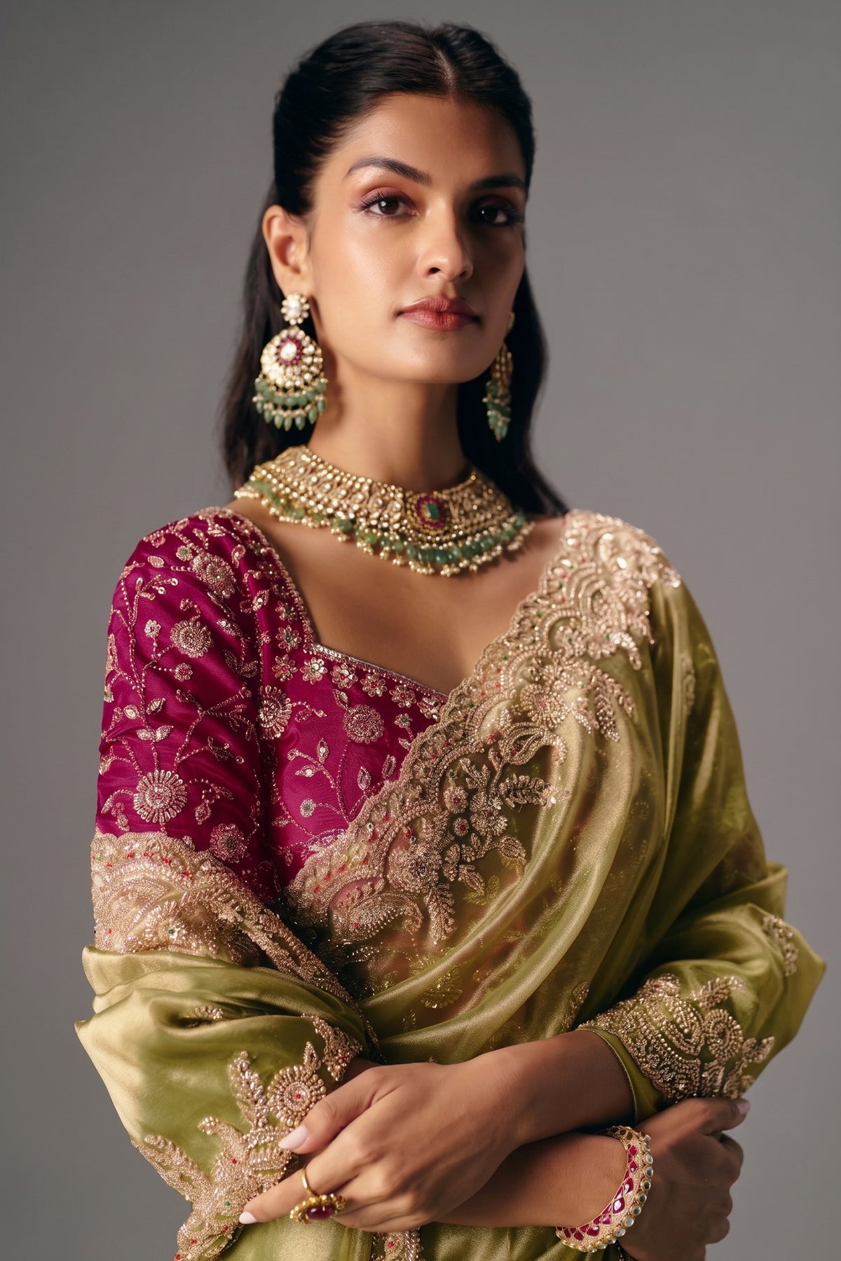 Olive Green Orgazna Sequin Cutadna Worked Saree - green saree