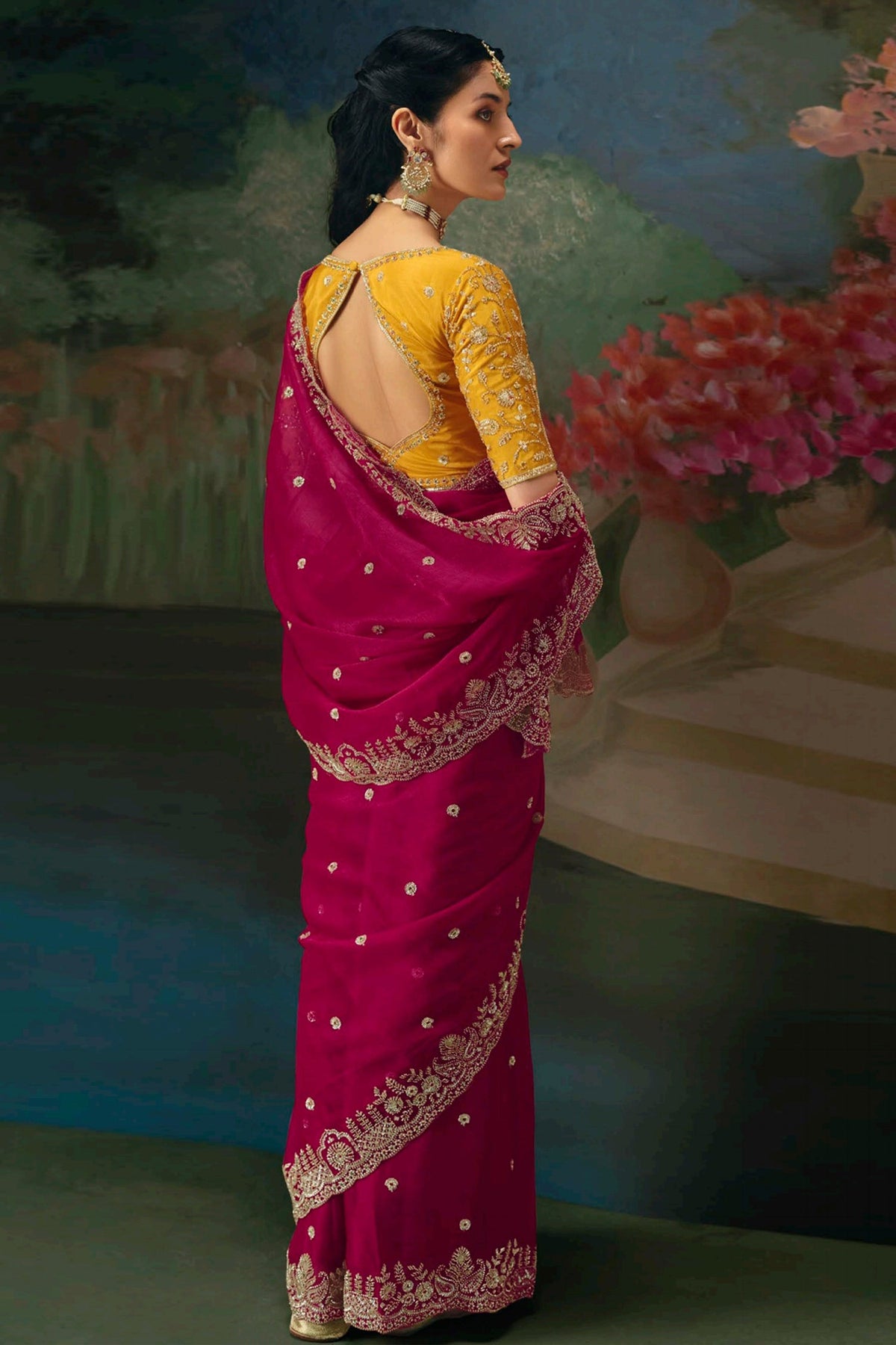 Rani Pink Organza Sequin Cutdana Worked Saree - pink organza saree