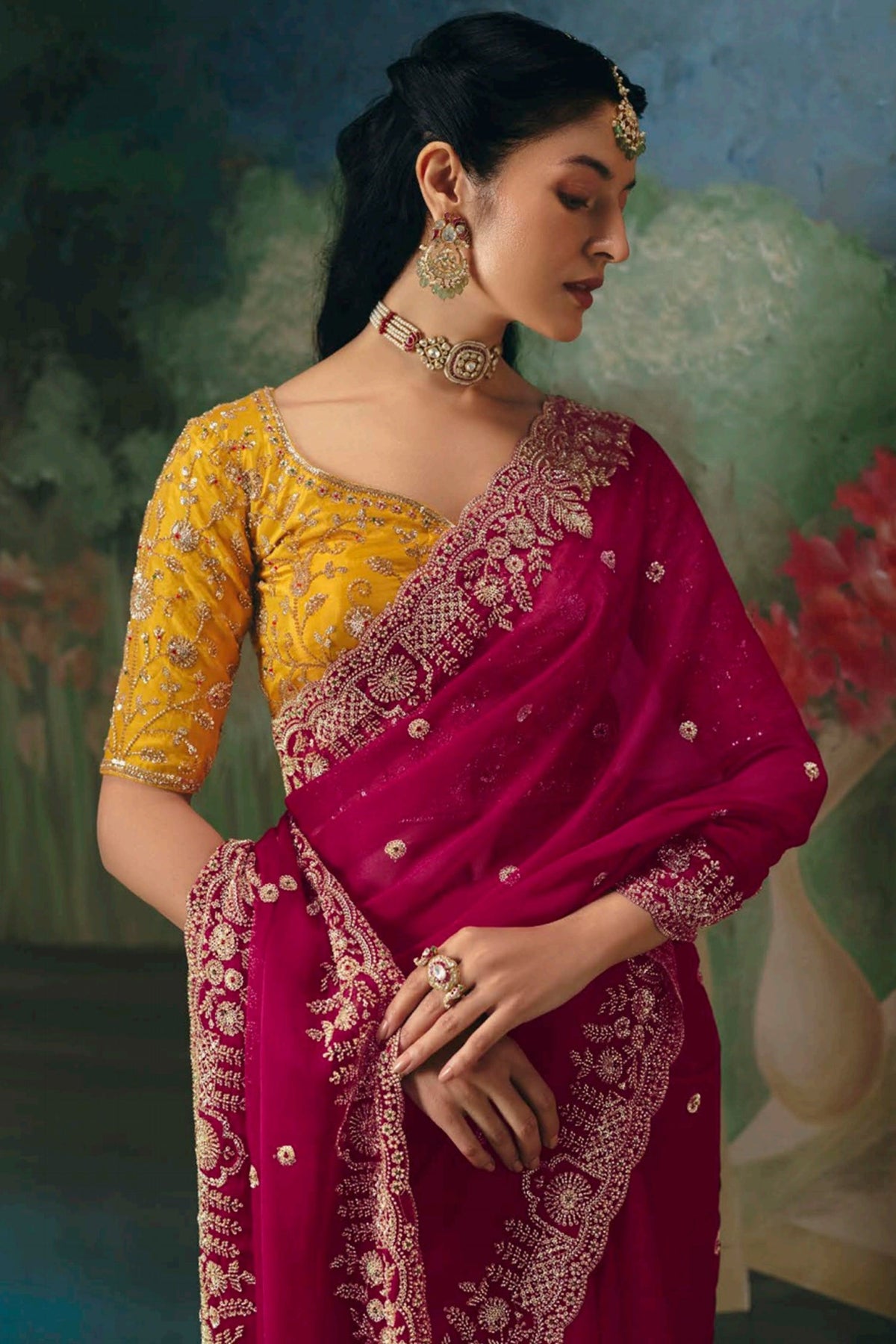 Rani Pink Organza Sequin Cutdana Worked Saree - pink organza saree