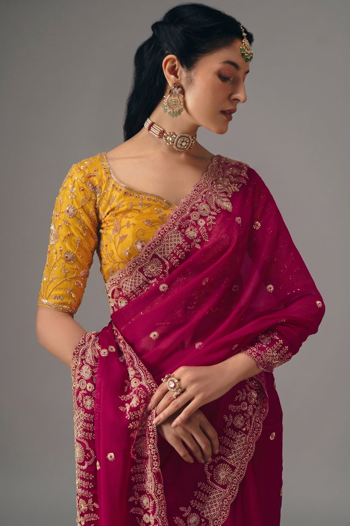 Rani Pink Organza Sequin Cutdana Worked Saree - pink organza saree