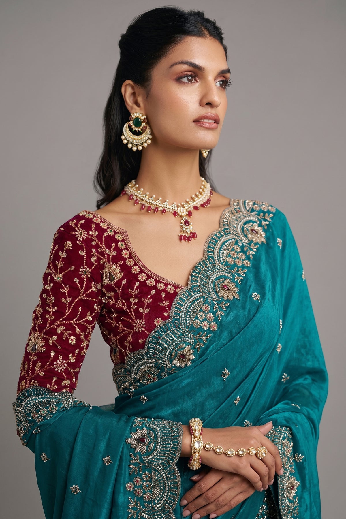 Turquoise Blue Satin Organza Sequin Cutdana Worked Saree with Stone Work - blue satin saree