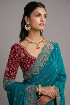 Turquoise Blue Satin Organza Sequin Cutdana Worked Saree with Stone Work - blue satin saree
