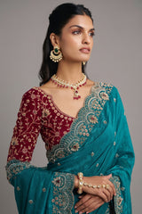 Turquoise Blue Satin Organza Sequin Cutdana Worked Saree with Stone Work - blue satin saree