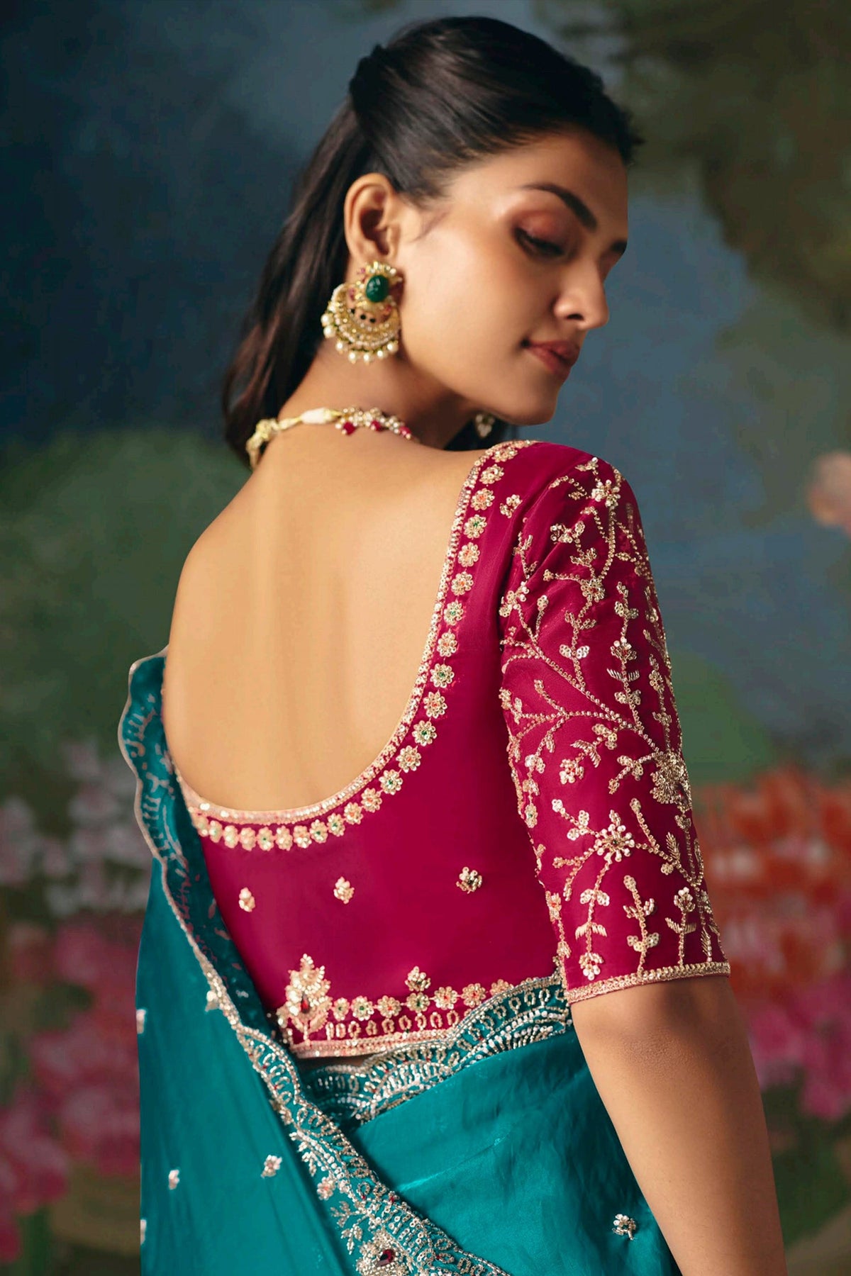 Turquoise Blue Satin Organza Sequin Cutdana Worked Saree with Stone Work - blue satin saree