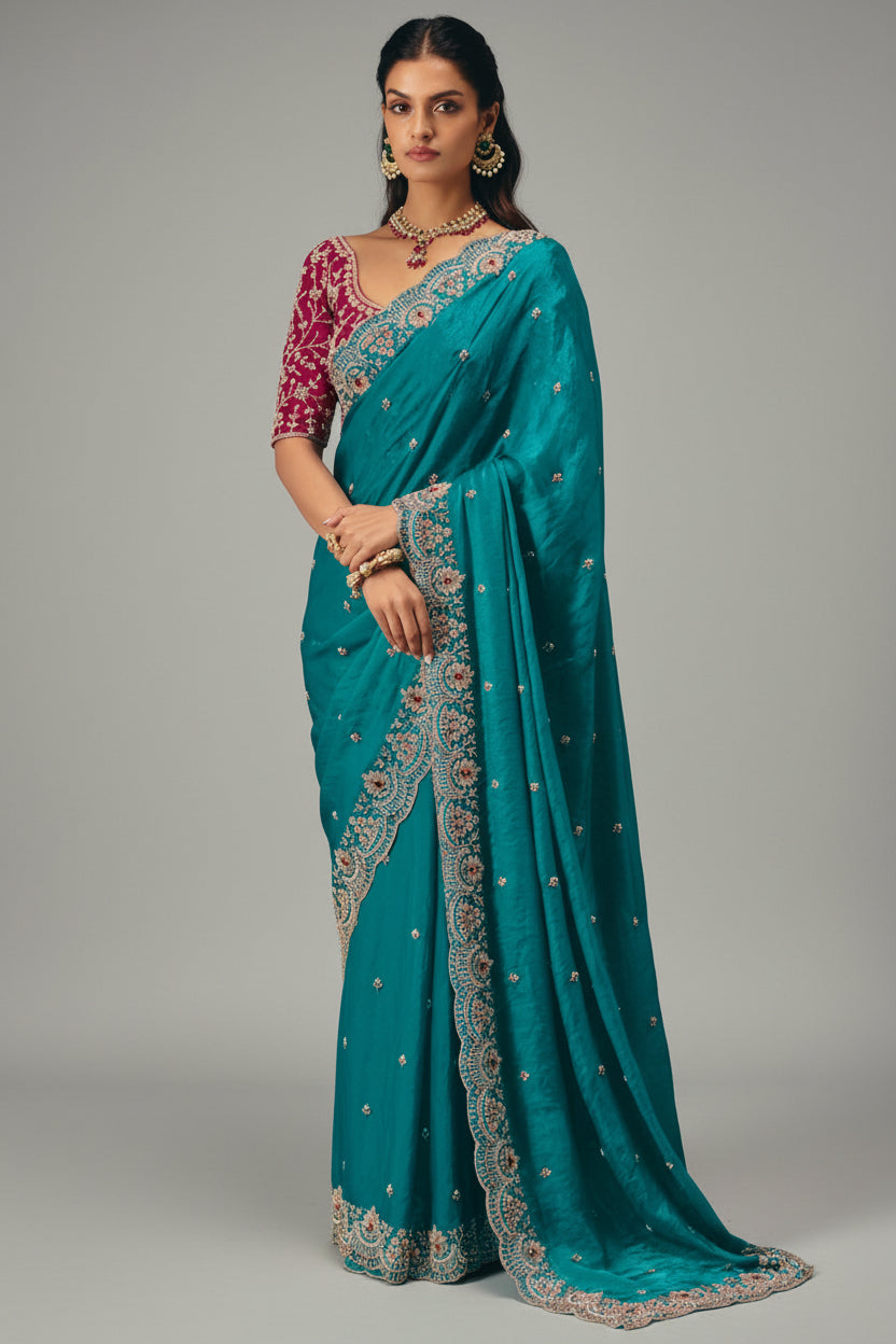 Turquoise Blue Satin Organza Sequin Cutdana Worked Saree with Stone Work