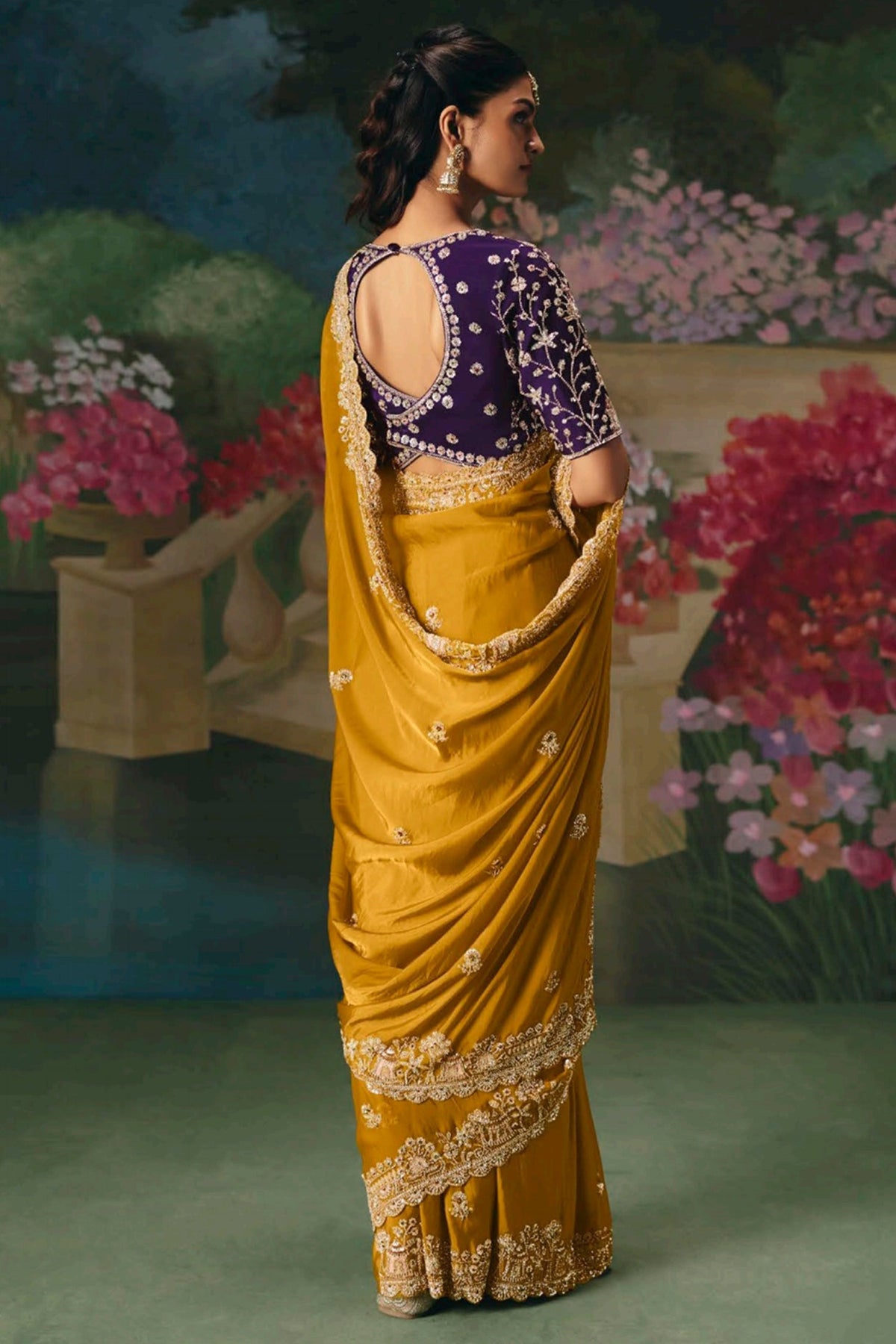 Yellow Satin Organza Sequin Cutdana worked Saree - yellow satin saree
