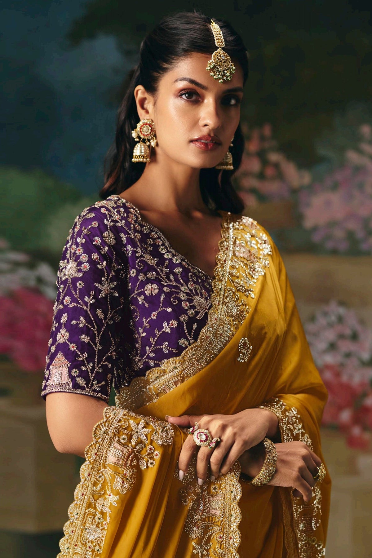 Yellow Satin Organza Sequin Cutdana worked Saree - yellow satin saree