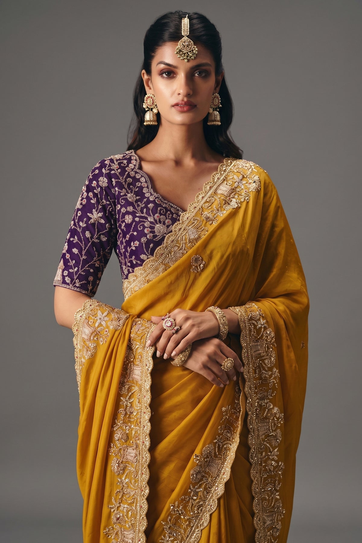 Yellow Satin Organza Sequin Cutdana worked Saree - yellow satin saree