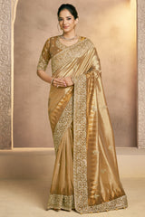 Light Golden Silk Saree with Embroidery