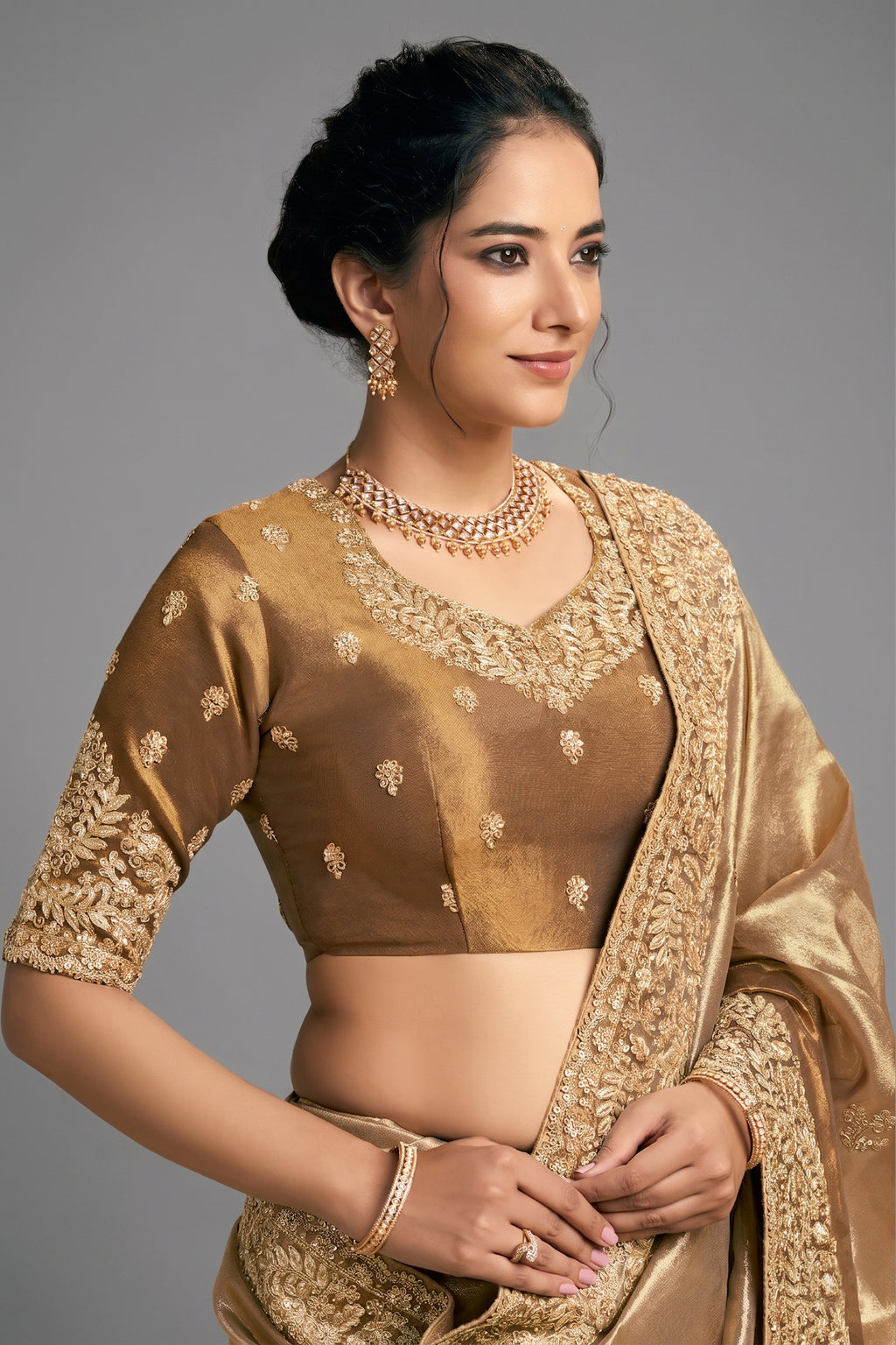 Light Golden Silk Saree with Embroidery - gold silk saree embroidery