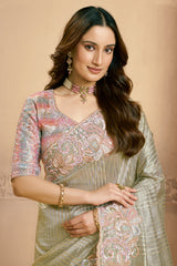 Sea Green Tissue Saree with Embroidery