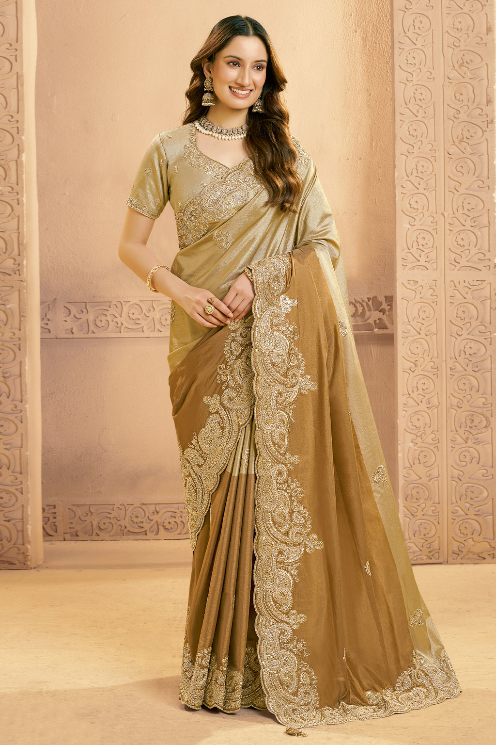 Metalic Golden Silk Saree with Embroidery - gold silk saree embroidery