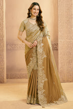 Metalic Golden Silk Saree with Embroidery - gold silk saree embroidery