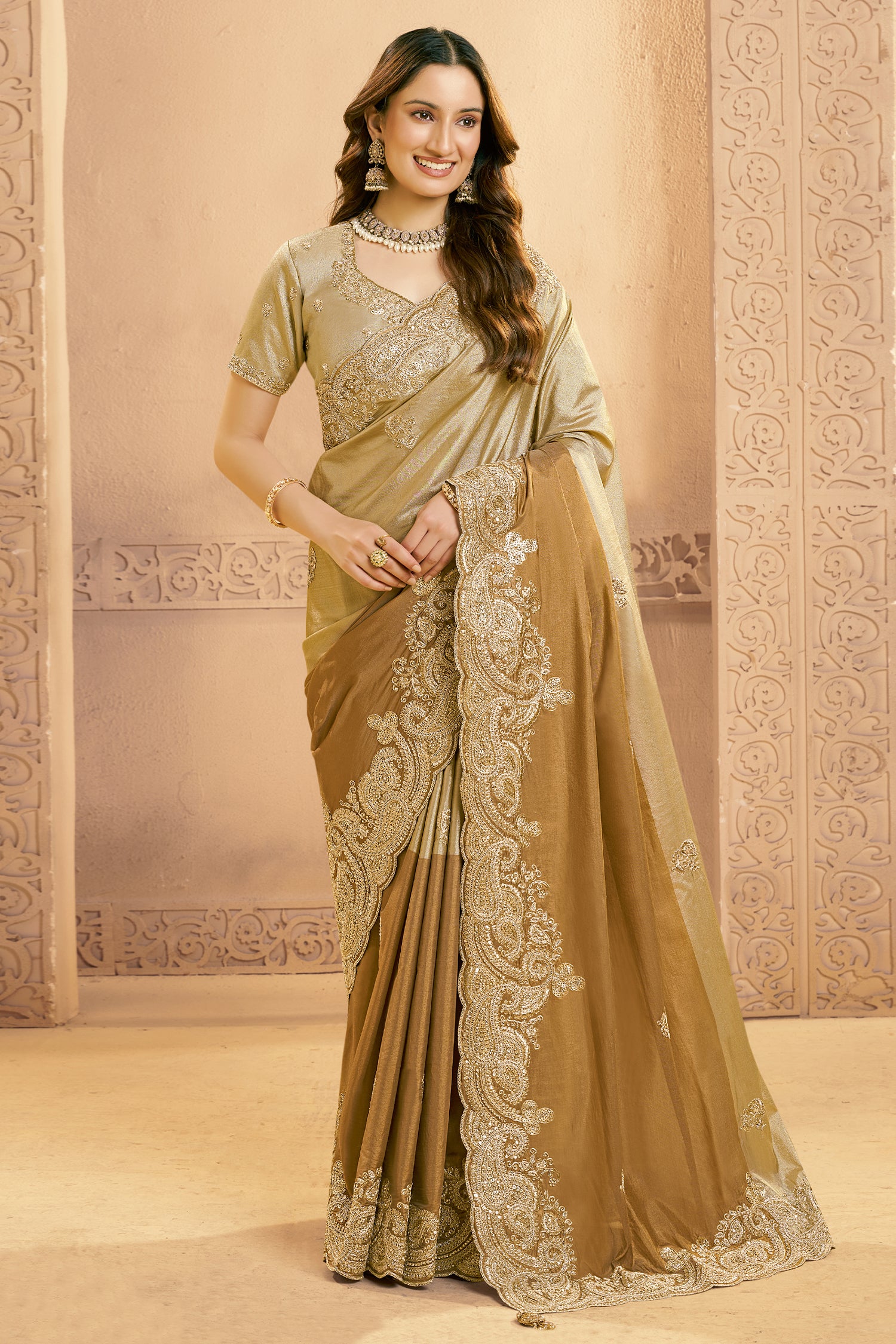 Metalic Golden Silk Saree with Embroidery - gold silk saree embroidery