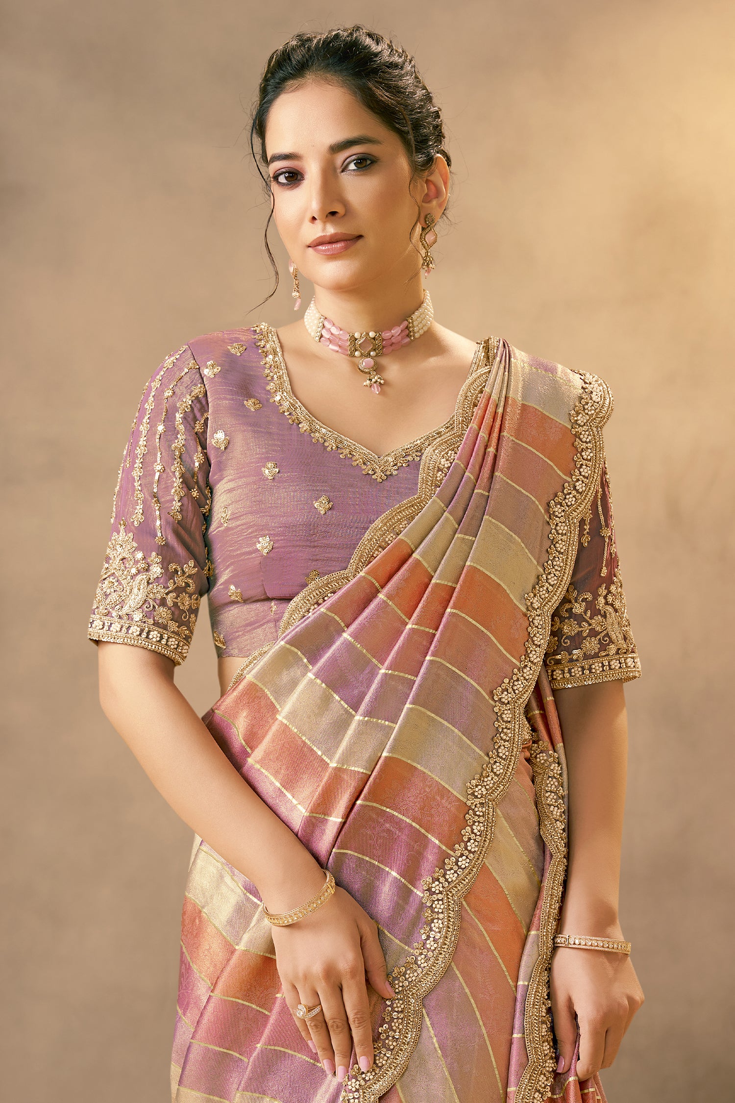 Pink and Multi Colored Tissue Saree with Embroidery - red saree embroidery
