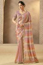 Pink and Multi Colored Tissue Saree with Embroidery - red saree embroidery