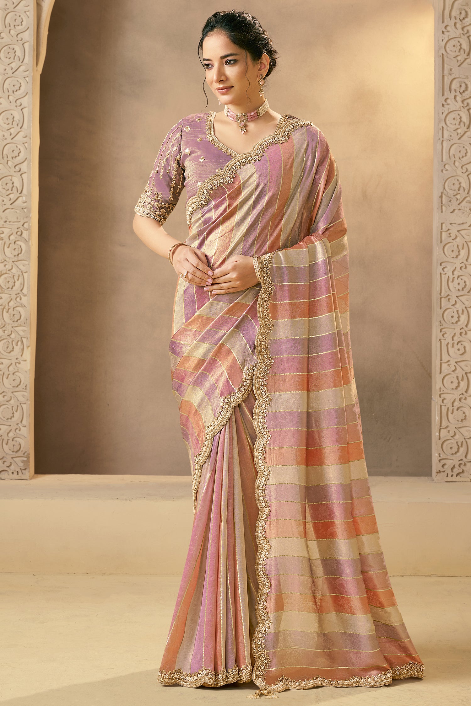 Pink and Multi Colored Tissue Saree with Embroidery - red saree embroidery