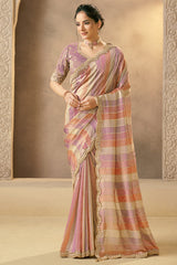 Pink and Multi Colored Tissue Saree with Embroidery